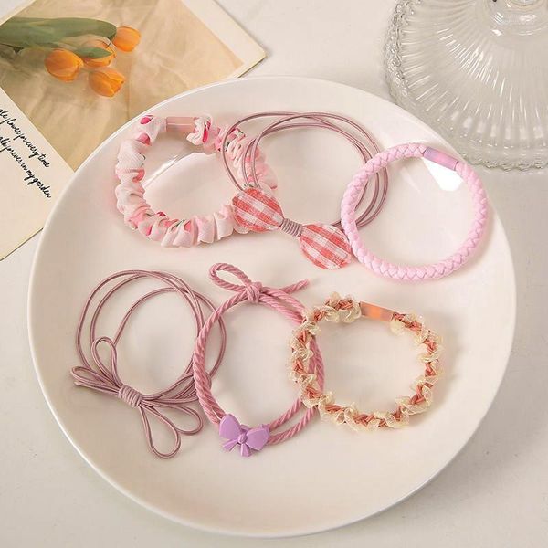 Accessori per capelli 6 pezzi Corda per la testa Colore caramella Coda di cavallo Moda Fiocco carino Serie viola Per ragazze Dolce fiore frammentato