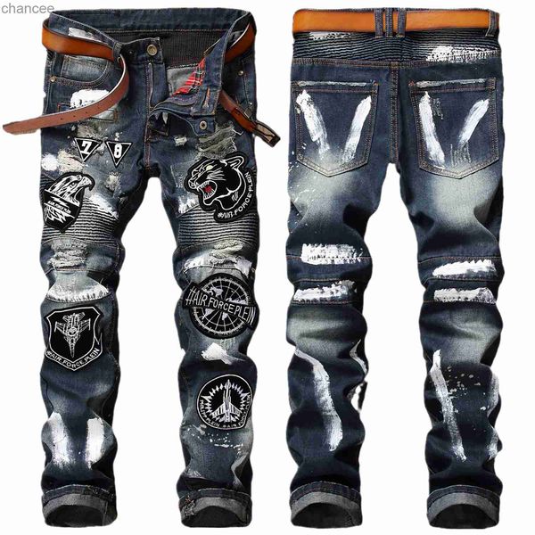 Calça jeans masculina slim-fit estilo mendigo, de alta qualidade, moderna, bordado de águia, casual, elegante, motociclista, sexy, calça jeans; HKD230829