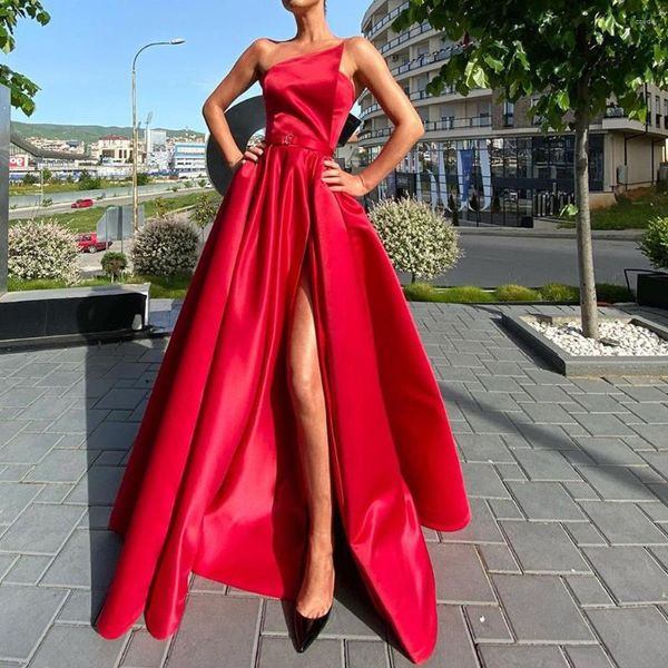 Vestidos casuais um ombro vestido sexy fenda com grande balanço cor sólida longa noite moda mulheres casamento