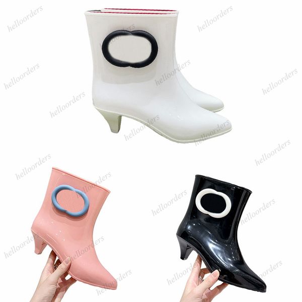 Tasarımcı Botlar Kadınlar Interlocking ayak bileği bot yüksek topuklu botlar özel amaçlı yağmur botları pembe siyah beyaz