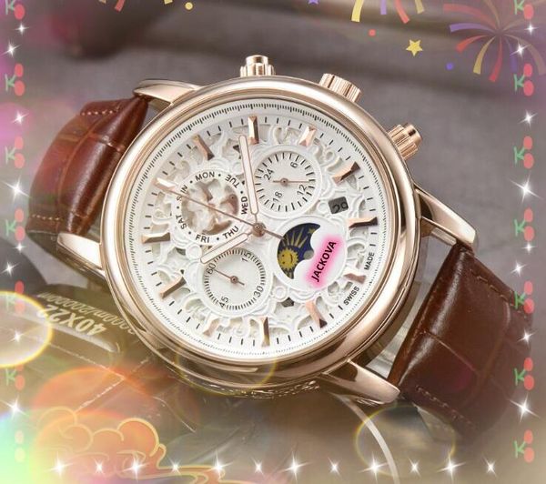 Quadrante secondario funzionante famoso moda uomo orologi data automatica quadrante luna stella cronometro orologio movimento al quarzo giapponese cinturino in pelle luminosa cassa con fiori incisi