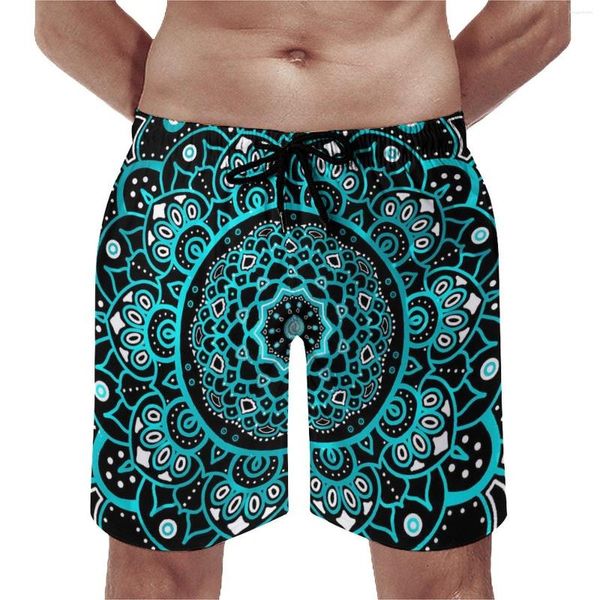 Calções masculinos azul branco mandala board verão retro floral impressão esportiva praia calças curtas design confortável troncos de natação