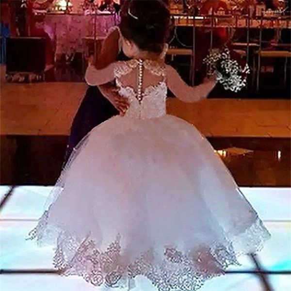 Abiti da ragazza Abito a fiori bianchi Matrimonio Tulle Principessa Senza maniche in pizzo Comunione Festa Costume da spettacolo di bellezza Splendido