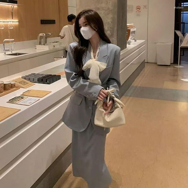 Vestido de duas peças unxx feminino terno saia conjunto 2023 outono suave estilo coreano escritório senhora primavera casaco elegante de duas peças blazer
