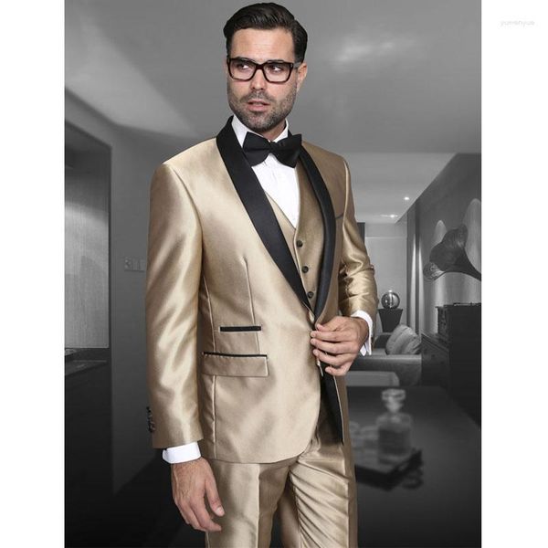 Costumes pour hommes Gold Satin Hommes 3 pièces Costume de mariage de marié 2023 Mode Luxe Bal Tuxedos formels (veste gilet pantalon)