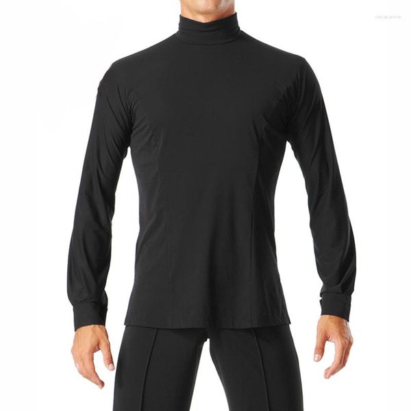 Abbigliamento da palco Top latino Costume da uomo Nero Manica lunga Collo alto Adulto Chacha Rumba Tango Danza professionale