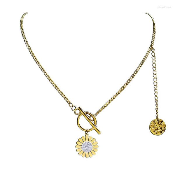 Anhänger Halsketten Mode Sonnenblume Kristall Edelstahl Halskette Frauen Gold Farbe Sonne Blume Kette Schmuck Accesorios Mujer N4901S06