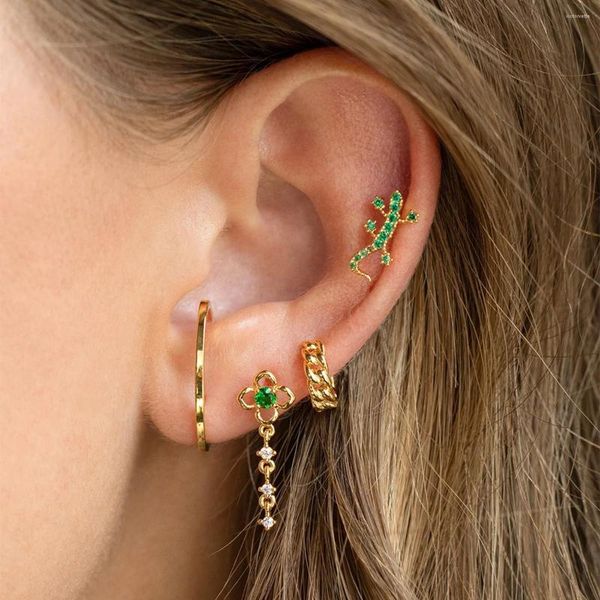 Brincos de parafuso prisioneiro piercing de orelha ouro múltiplos earmuffs verde pequeno lagarto zircão corpo moda internet celebridade jóias