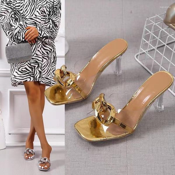 Sandalen 2023 Sommer Große Kette Transparent Damen Hausschuhe von Karree Metall High Heels Schuhe Frauen Rutschen Dünn