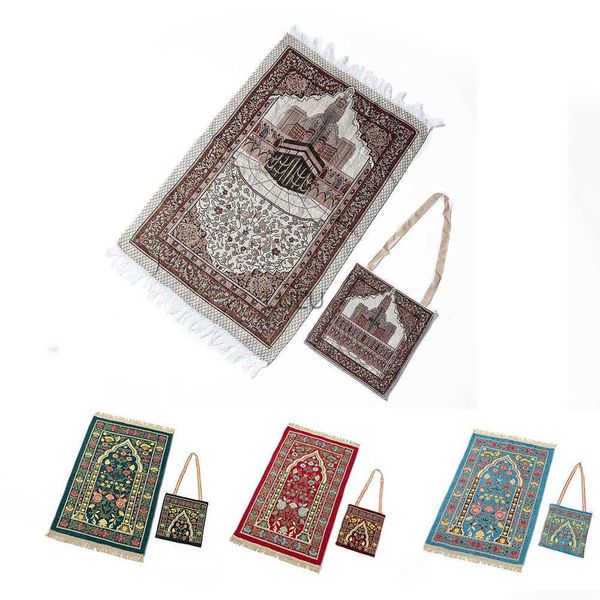 Tapete muçulmano cobertor de oração tapete com borla saco de armazenamento tapete islâmico qibla cobertor bordado decoração para casa 110x70cm hkd230829