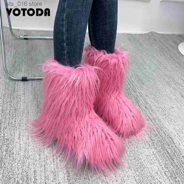 Botas de neve de pele mongol para mulheres inverno quente botas de pelúcia plataforma ao ar livre cor sólida meados de bezerro botas y2k peludo bonito menina sapatos t230829