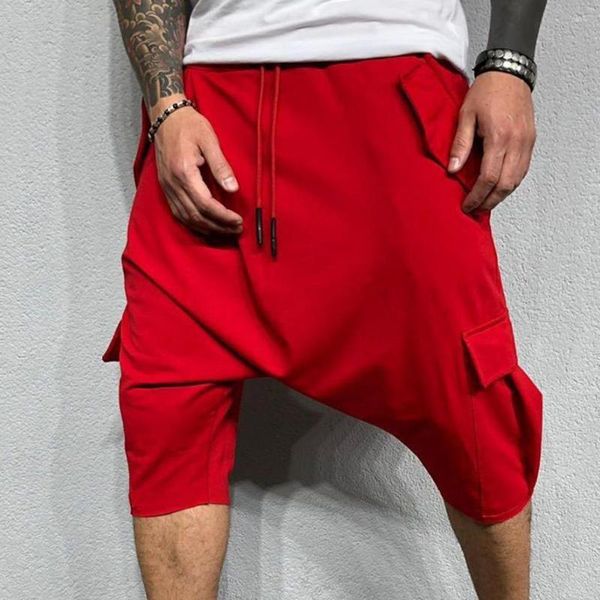 Shorts masculinos, calças esportivas, largas, bolsos grandes, calças harém, virilha baixa, calças cargo