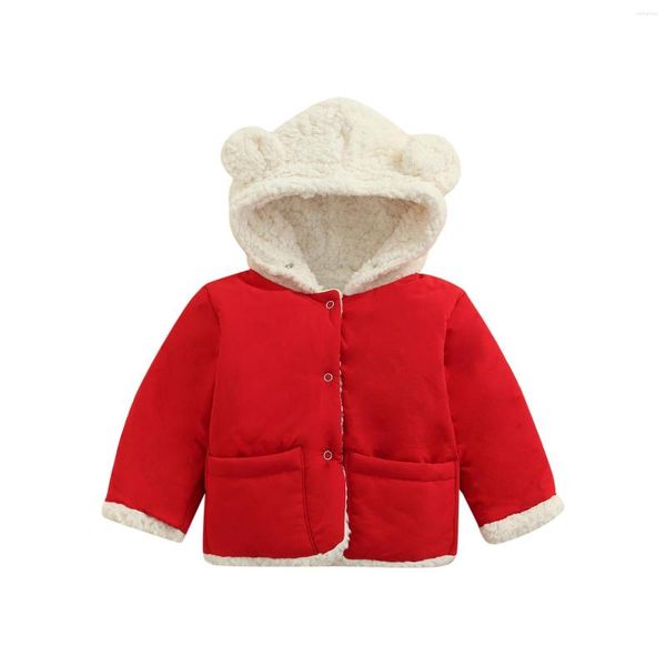 Daunenmantel für Babys, Parkas, mit Kapuze, lange Ärmel, wattierte Knopfleiste für Jungen und Mädchen, Beige/Rot