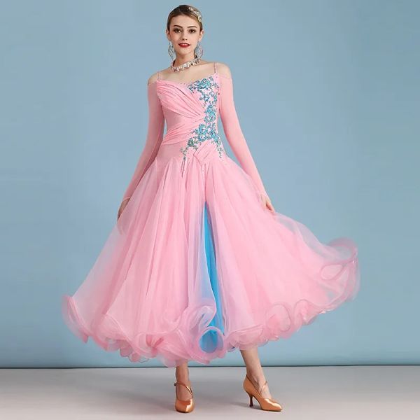 Abbigliamento da palcoscenico Abito da ballo da sala da ballo con spalle scoperte in colore rosa a contrasto Valzer per abiti da ballo Costumi di rumba Palcoscenico