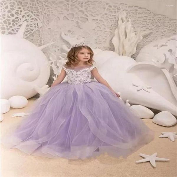 Abiti da ragazza semplici senza maniche in tulle con applicazioni di fiori in pizzo, abito da ballo per la prima comunione, per bambini, festa di compleanno, principessa