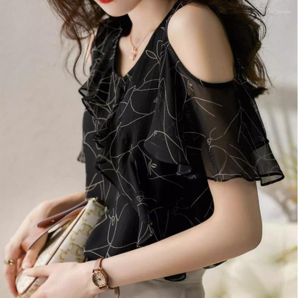 Blusas femininas camisa preta impressão blusa manga curta chiffon para mulheres verão com decote em v fora do ombro topos roupas soltas blusas 28023