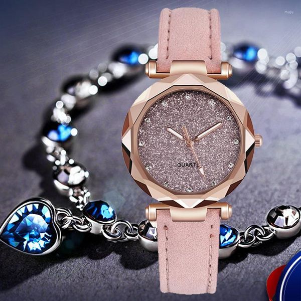 Armbanduhren Casual Frauen Romantische Sternenhimmel Armbanduhr Weibliche Blaue Herz Armband Leder Strass Designer Damen Quarzuhren Uhr