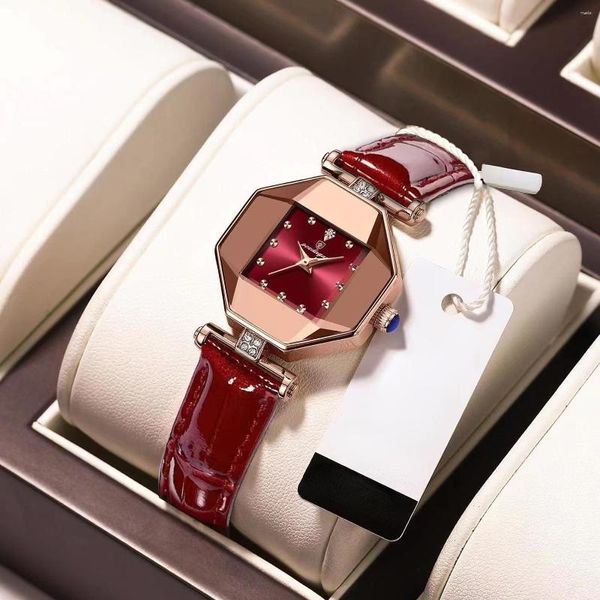 Armbanduhren Sdotter 2023 Luxus Quarzuhr Mädchen Elegante Mode Rotes Zifferblatt Wasserdichte Damen Lederuhren Frauen Hohe Qualität Zegarek