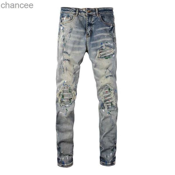 Herren Distressed Slim Fit Streetwear Graffiti Jeans Spray Paint Ribs Patches Stretch Jeans HKD230829