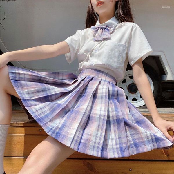 Conjuntos de roupas Japonês JK Uniforme Escola Seifuku Marinheiro Vestido Menina Saia Xadrez Conjunto Estudante Camisa Manga Curta Roupas Plissadas