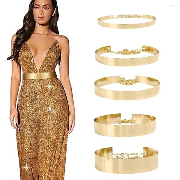 Gürtel Mode Vollmetall Breiter Taillengürtel Spiegel Gold Silber Teller Kleid mit verstellbarer Kette Damen glänzend poliert
