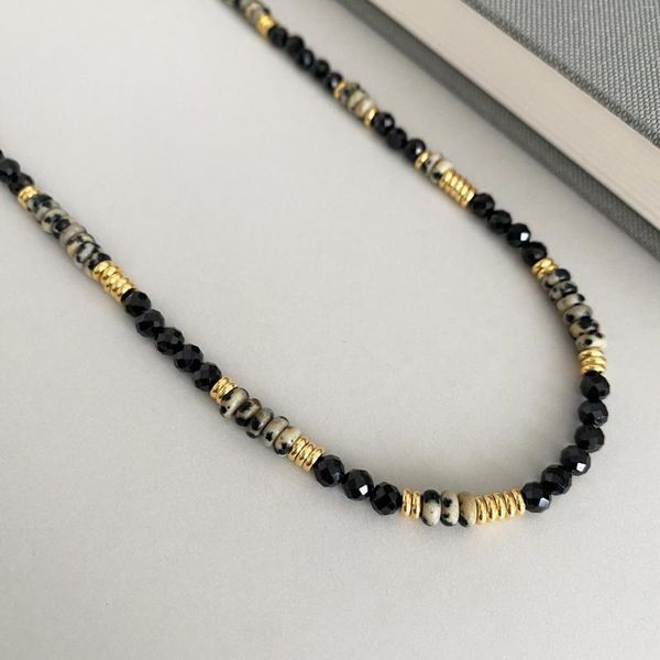 Halsband, handgefertigt, Naturstein, schwarzer Spinell, Dalmatiner-Jaspis-Perlen-Halskette für Frauen, Sommer, einzigartiges Design