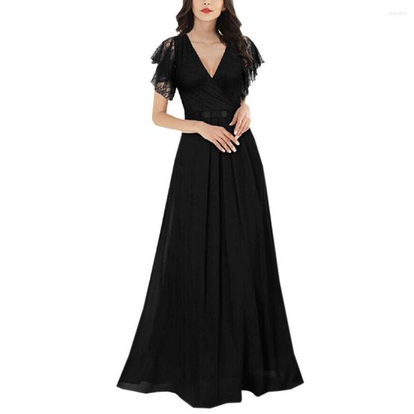 Vestidos casuais sexy mulheres rendas chiffon patchwork v-pescoço vestido arco longo maxi formal ocasião noite solta mulheres