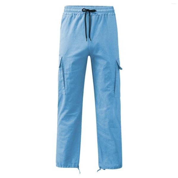 Calças masculinas Mens Casual Cintura Multi Tecido Bolso Perna Cor Sólida Rua Bib Aberto para Homens Banda Tamanho 13