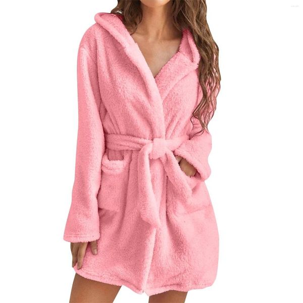 Homens sleepwear feminino cor sólida manga longa bolso com capuz joelho curto h roupões para mulheres comprimento mulheres macio robe