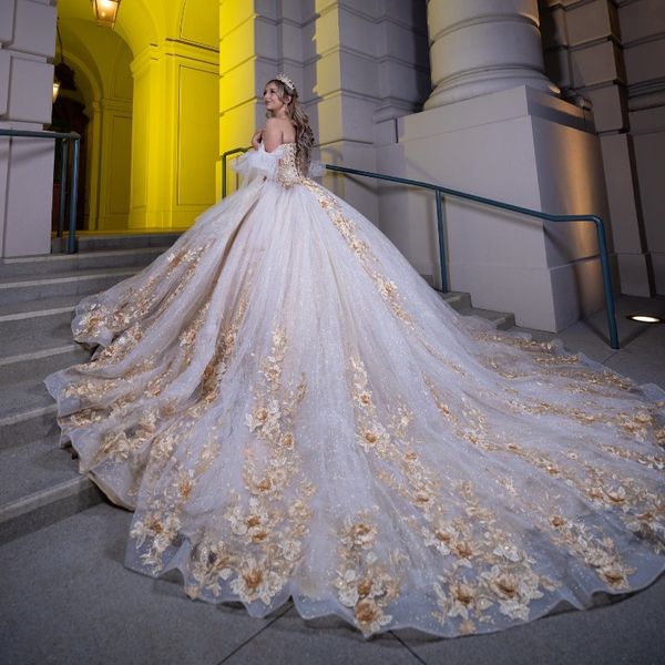 Marfim querida princesa quinceanera vestidos fora do ombro apliques de ouro 3dflower espartilho até vestido de baile doce 16 vestidos de 15