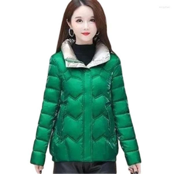 Damen Trenchcoats Winter Kurzer, mit Baumwolle gefütterter Mantel Damen 2023 Mode Lose Reine Farbe Jacke Stehkragen Schleife Taschenoberbekleidung