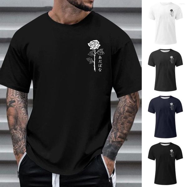 Herren-T-Shirts, kurzärmelig, Rundhals-Shirt, atmungsaktives Oberteil, minimalistisches Rosenmuster