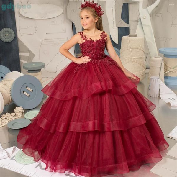 Mädchenkleider Burgunderrotes Blumenkleid, Lotusblatt-Schicht, Hochzeit, Party, Ballkleid, Schleife, Tüll, Kindergeburtstag, bodenlang, Prinzessin