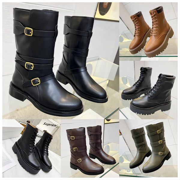 Lyra Boot Designer Donna Pelle di vitello Bulky High Martin Boot Scarpe nere con plateau per bicicletta Stivali da combattimento Stivali invernali in pelle scamosciata con fibbia a catena Stivaletti alla caviglia da motociclista con lacci di lusso