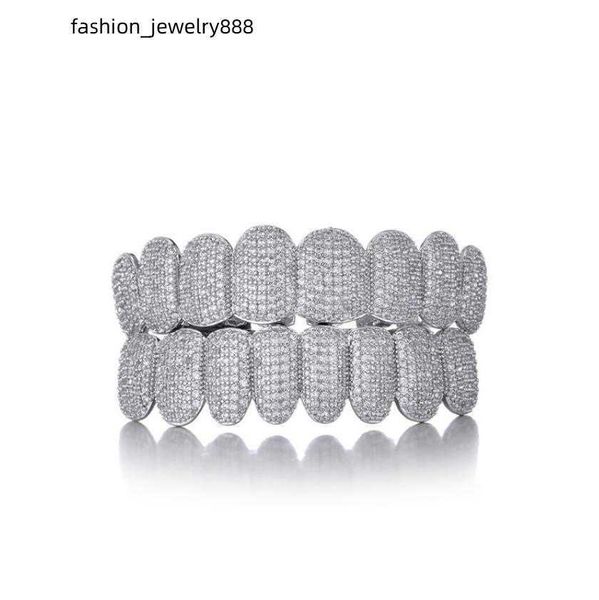 Denti Grillz Iced Out Hip Hop Zircone Bretelle decorative in argento Griglie per denti vere bling per uomo donna