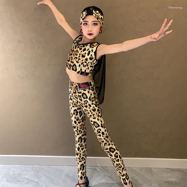 Palco desgaste crianças roupas de dança latina meninas leopardo top calças crianças traje profissional desempenho sl8785