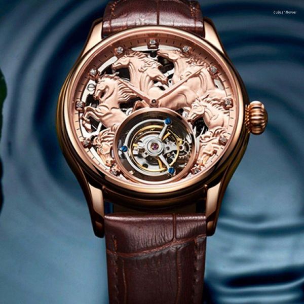 Наручительные часы Aesop Flying Tourbillon Mechanical Watch для мужчин восемь лошадей Стильные водонепроницаемые наручные часы 7007 Скелетон Dial Luxury A