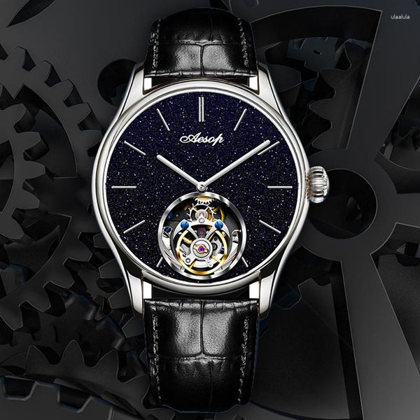 Orologi da polso Esopo Cielo stellato Tourbillon meccanico Orologio da uomo Movimento scheletro Orologi di lusso con cinturino in acciaio impermeabile con zaffiro