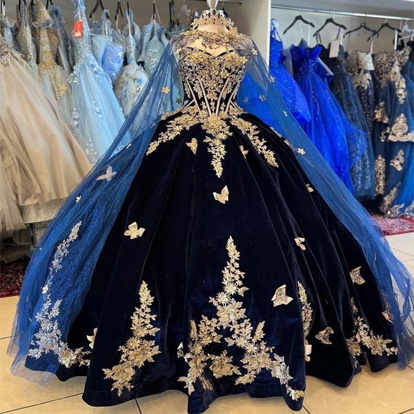 Темно -синие блестящие платья Quinceanera Формальные роскошные бисера золотые кружевные аппликации Bow Sweet 15 платья выпускной бал Gwon