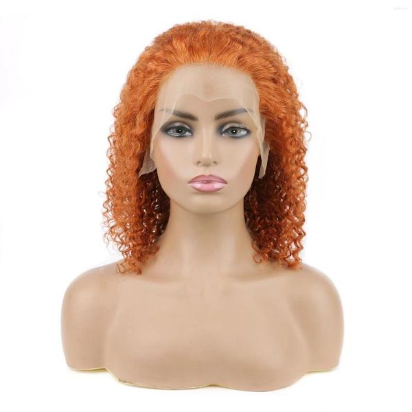 Gengibre laranja jerry encaracolado bob peruca 13x4 frente do laço perucas de cabelo humano para mulheres curto transparente