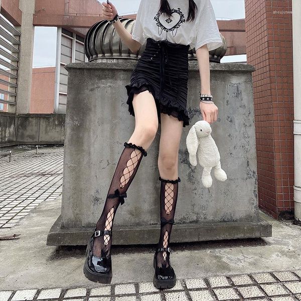 Kadın Çoraplar İnce Seksi Dantel Örgü Fishnet Çorapları Lolita Tarzı Bowknot Fırfırlı JK Tatlı Kızlar Japon Kawaii Sevimli Diz