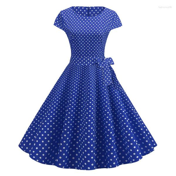 Lässige Kleider Blau Polka Dot Sommer Damen 2023 Mode Kurzarm O-Ausschnitt Vintage Pinup Rockabilly Knielanges Party Midikleid