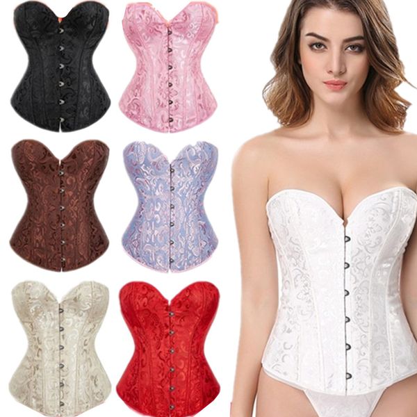 Feminino jacquard 12 peças de plástico desossado overbust branco espartilho de noiva nas costas lingerie acolchoada top modelador de corpo renda up espartilho plus size XXS-6XL rosa branco vermelho preto