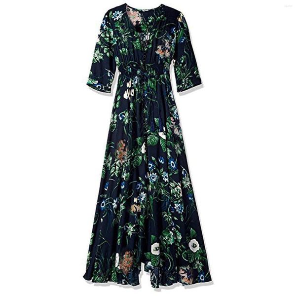 Abiti casual Estate Donna Scollo a V Maxi Abito da festa Elegante Vintage Boho Stampa floreale Grande orlo oscillante Chiffon lungo 2023