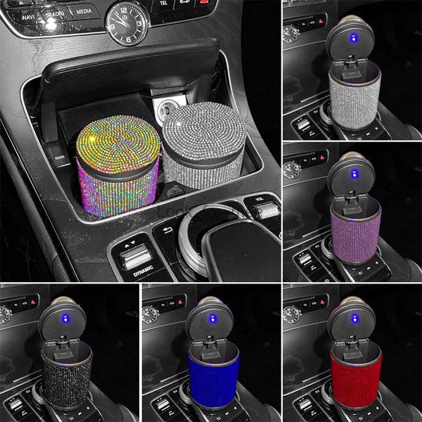 2022 cinzeiro de carro portátil com luz led cristal diamante cinzeiro com capa decoração automática bling acessórios do carro para mulher hkd230901