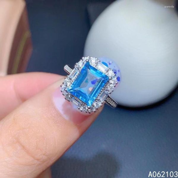 Anelli a grappolo KJJEAXCMY Gioielleria raffinata Argento sterling 925 intarsiato Topazio blu naturale Donna Uomo Squisita gemma quadrata Anello regolabile Supporto