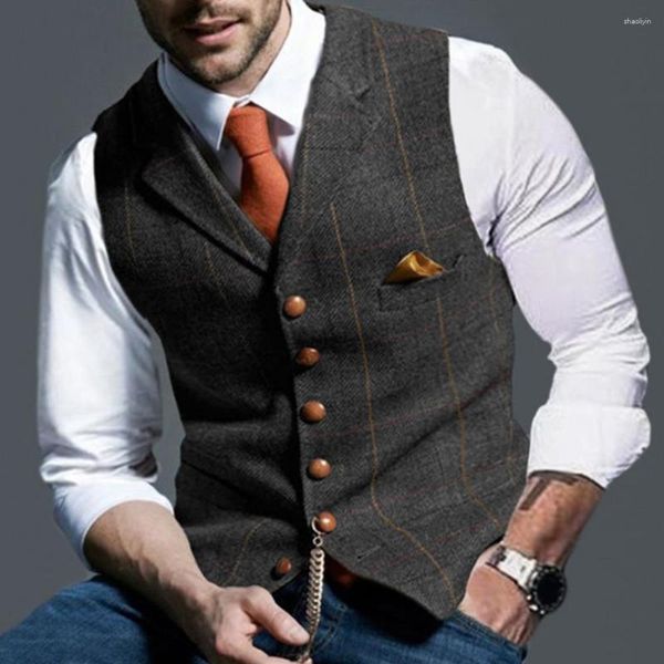 Gilet da uomo Giacca con stampa scozzese Elegante gilet da lavoro monopetto slim fit con scollo a V Design con risvolto per testimoni dello sposo Matrimoni formali