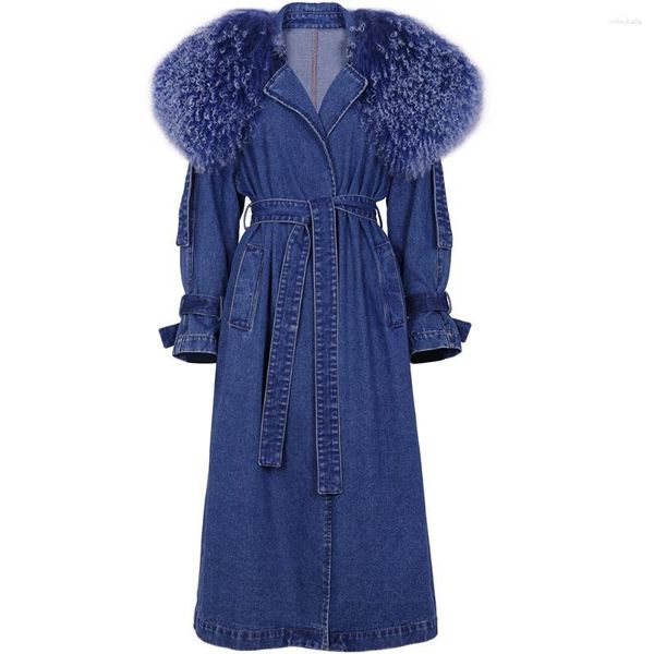 Frauen Trenchcoats YOLOAgain 2023 Herbst Mongolei Schafe Pelz Kragen Lange Denim Jacke Mantel Frauen Damen Streetwear