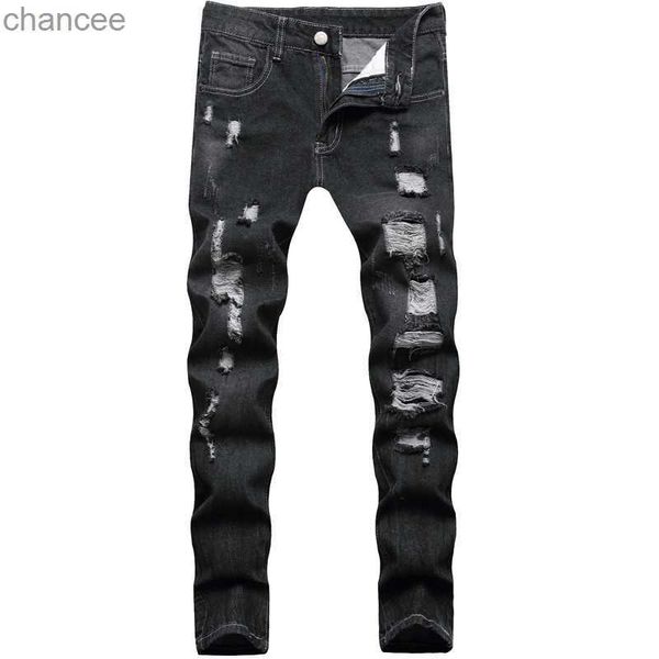 Calça jeans masculina de alta qualidade, slim fit, rasgada, estilo mendigo, moda de rua, jeans preto, arranhões, calça jeans casual sexy; HKD230829