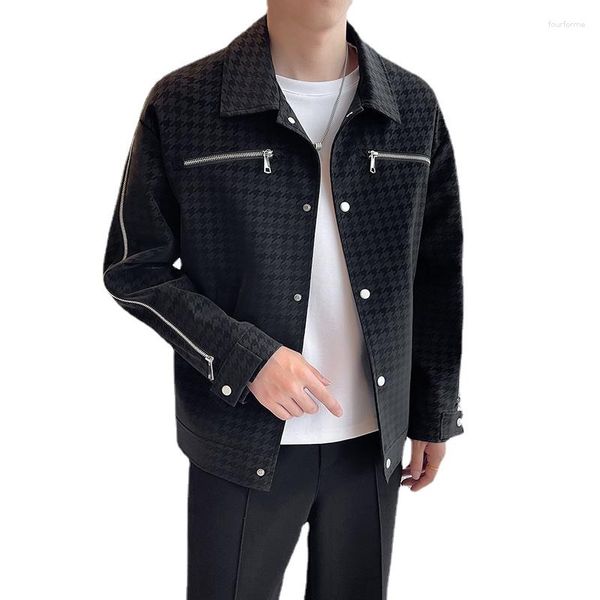 Männer Jacken Herbst Zipper Jacquard Leder Jacke Streetwear Fashion Lose Beiläufige Vintage Männliche Motorrad